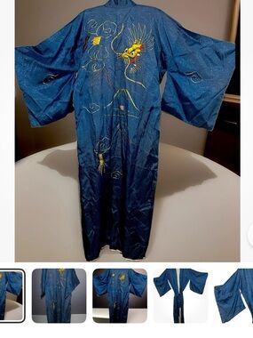 Vintage Daiwa Kimono Robe L Blue Satin Embroidered Dragon Traditional Japanese